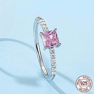 NWT Pink CZ Ring Sz. 8 S925 Sterling Silver Stamped Dainty Square Gemstone